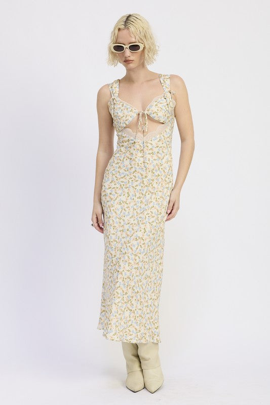 Emory Park Ditsy Print Midi Dress With Cutout and Lace Trim featuring floral pattern and sleeveless design front pose