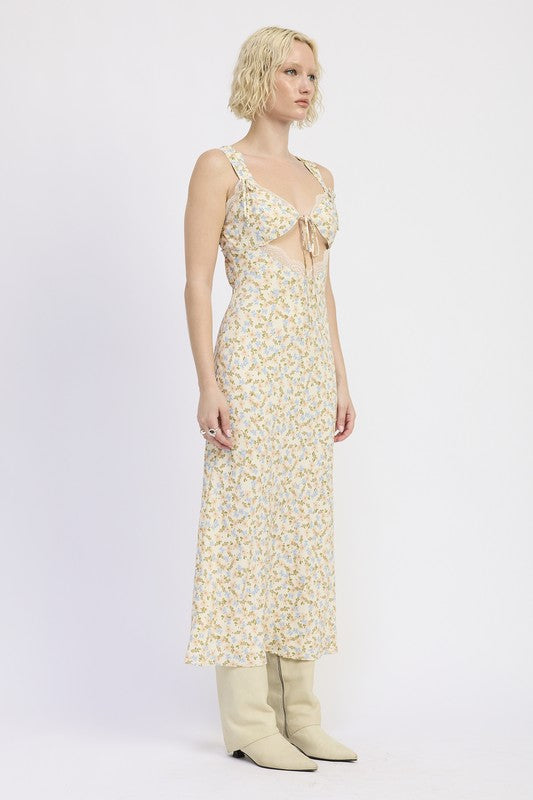 Emory Park Ditsy Print Midi Dress With Cutout and Lace Trim worn by model with short blonde hair and cream boots