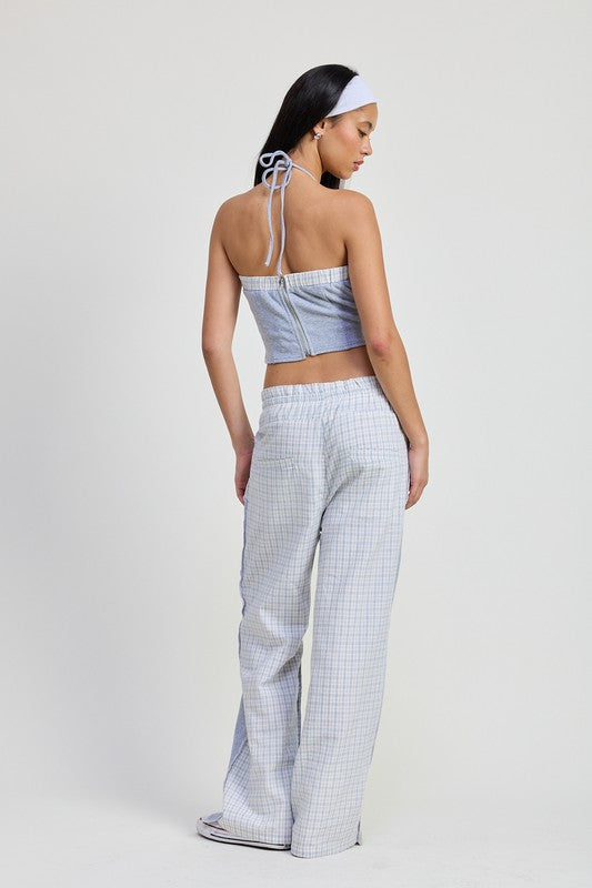 Emory Park Double Waist Straight Leg Pants in light checkered pattern worn by model