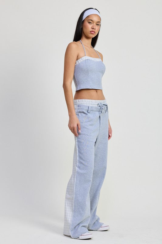 Emory Park Double Waist Straight Leg Pants in light blue with elastic waistband and side panel detailing