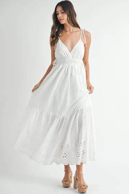 Eyelet Lace Maxi Dress in White with Adjustable Straps and Scalloped Hemline