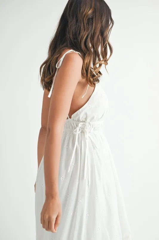 Eyelet Lace Maxi Dress in White with Adjustable Straps and Elegant Design