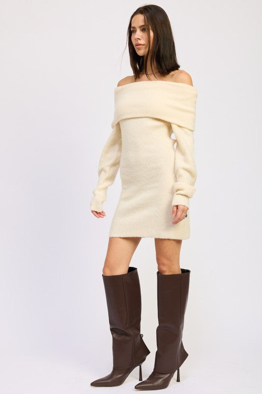 Emory Park Long Sleeve Off-Shoulder Mini Knit Dress in ivory on model wearing knee high brown boots