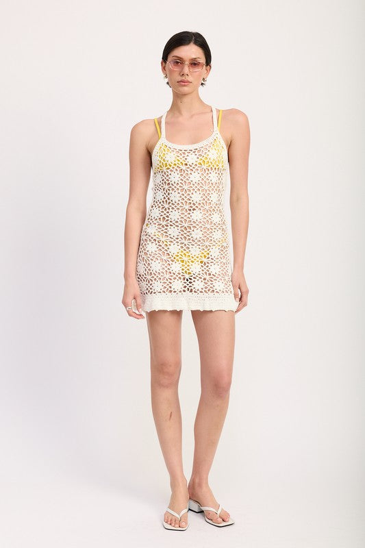 Emory Park Floral Crochet Cover Up Dress in white worn over yellow swimwear with thin straps