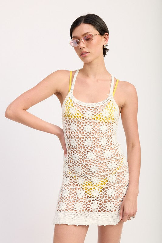 Emory Park Floral Crochet Cover Up Dress in white worn over yellow swimwear with sleeveless design
