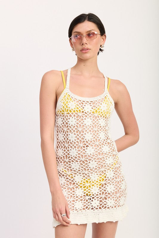 Emory Park Floral Crochet Cover Up Dress white sleeveless crochet dress over yellow swimwear