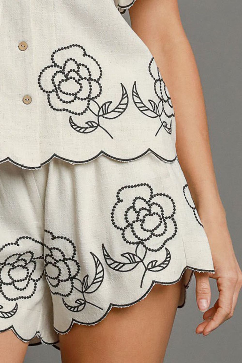 Floral embroidered shorts with scalloped edges and intricate flower designs