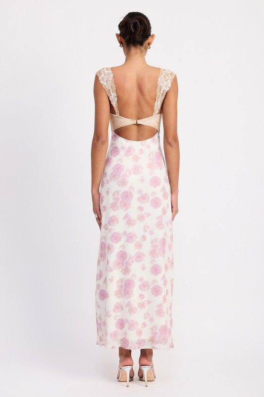 Back view of Emory Park Floral Mesh Lace Trim Maxi Dress With Bust Cutout featuring pink floral pattern and lace shoulder straps