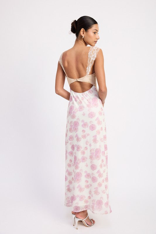 Emory Park Floral Mesh Lace Trim Maxi Dress With Bust Cutout in pink and white floral print