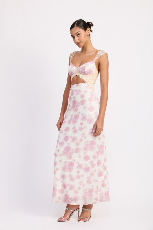 Emory Park Floral Mesh Lace Trim Maxi Dress With Bust Cutout featuring pink floral pattern and delicate lace straps