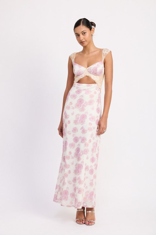 Emory Park Floral Mesh Lace Trim Maxi Dress With Bust Cutout in soft pink floral pattern