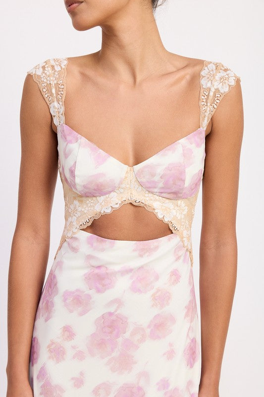 Emory Park Floral Mesh Lace Trim Maxi Dress With Bust Cutout in soft pink and beige hues