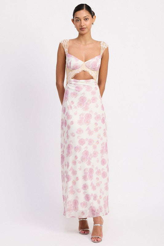 Emory Park Floral Mesh Lace Trim Maxi Dress With Bust Cutout featuring pink floral print and delicate lace detailing