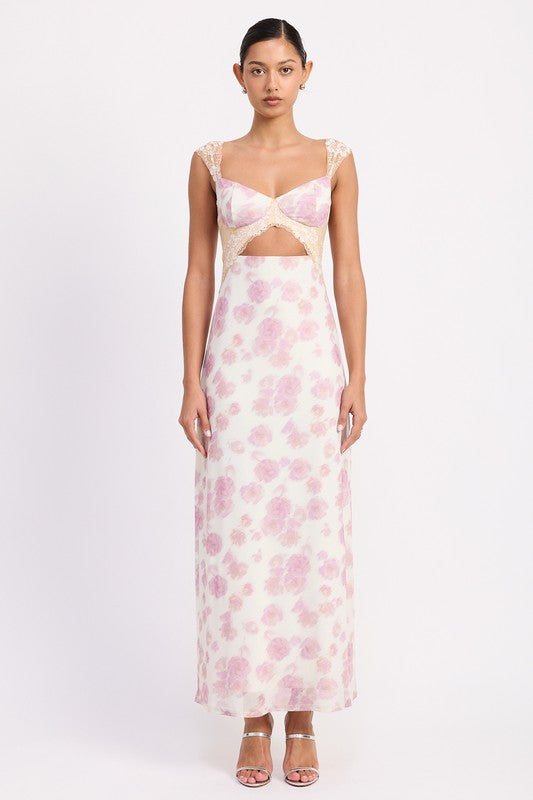 Emory Park Floral Mesh Lace Trim Maxi Dress With Bust Cutout in pink and white floral pattern