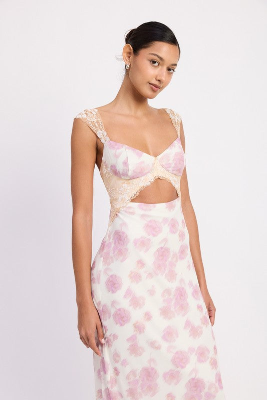 Emory Park Floral Mesh Lace Trim Maxi Dress With Bust Cutout in soft pink and cream colors