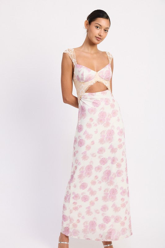Emory Park Floral Mesh Lace Trim Maxi Dress With Bust Cutout featuring pink floral pattern and beige lace details