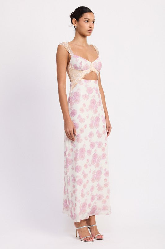 Emory Park Floral Mesh Lace Trim Maxi Dress With Bust Cutout in white and pink floral pattern
