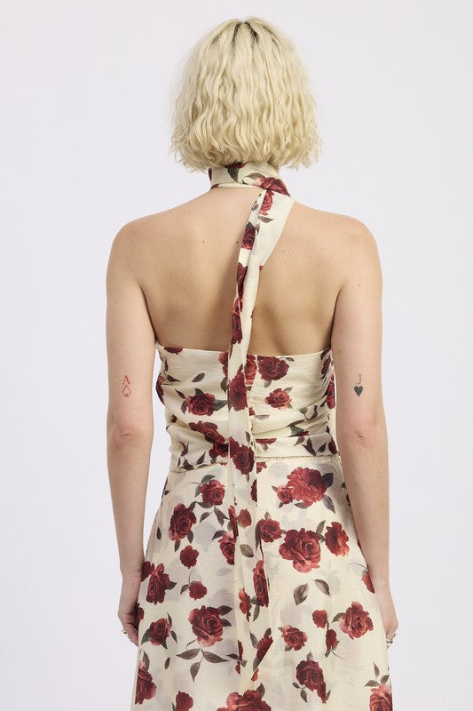 Floral Print Foulard Top by Emory Park featuring a back tie design and elegant rose pattern
