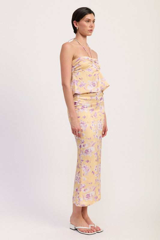 Emory Park Floral Print Ruched Midi Skirt in yellow with purple flowers styled with matching top