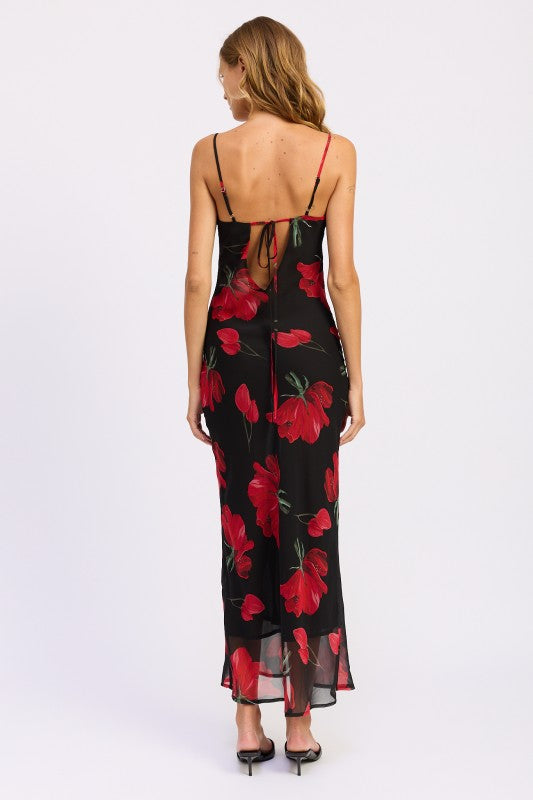 Emory Park Floral Printed Cowl Neck Maxi Dress with a back tie detail and a flowy silhouette