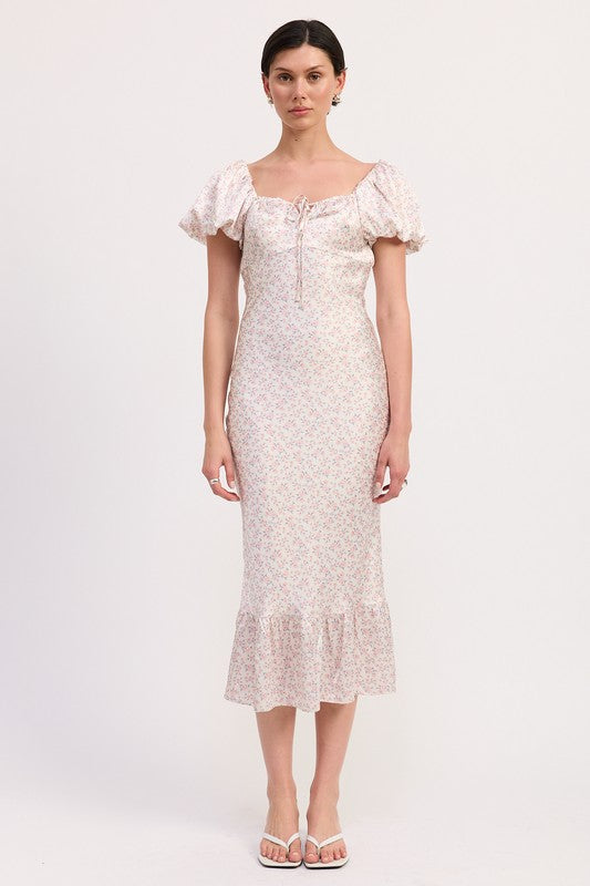 Emory Park Floral Puff Sleeve Midi Dress with ruffle hem and delicate floral print on model