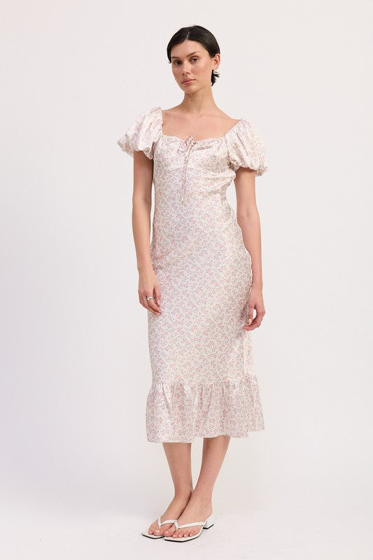 Emory Park Floral Puff Sleeve Midi Dress with square neckline and ruffle hem in light floral print