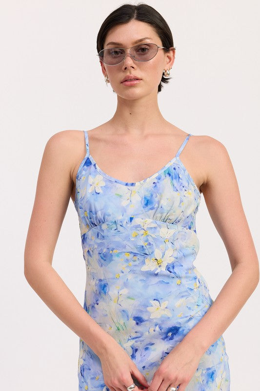 Emory Park Floral Satin Slip Midi Dress in blue with white and yellow flowers and thin straps