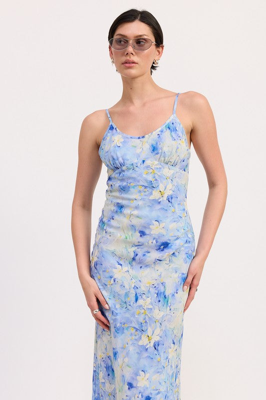 Emory Park Floral Satin Slip Midi Dress in blue with white floral print and adjustable spaghetti straps