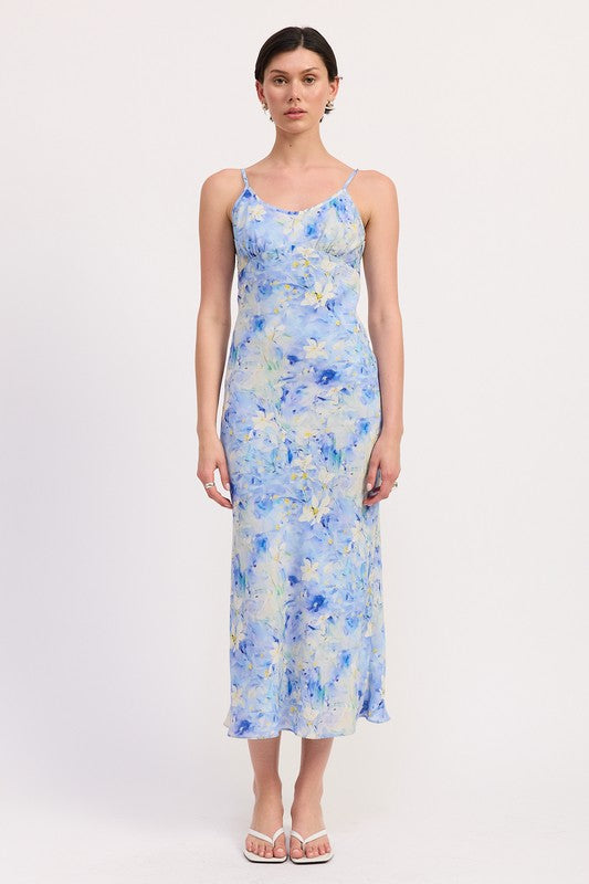 Emory Park Floral Satin Slip Midi Dress in blue and yellow floral pattern with thin straps and midi length