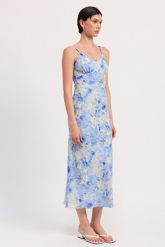 Emory Park Floral Satin Slip Midi Dress in blue and yellow floral pattern with thin straps