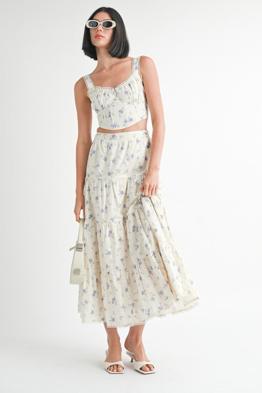 Emory Park Floral Squared Neck Top in white with blue floral print worn with matching long skirt