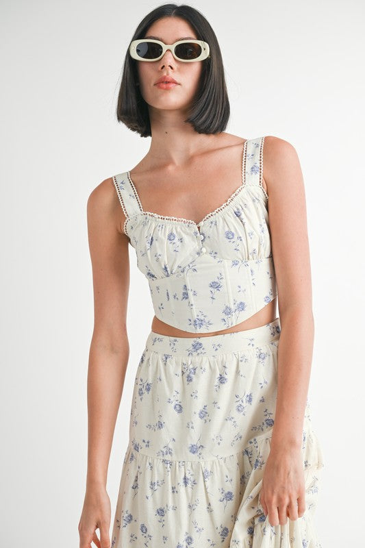 Emory Park Floral Squared Neck Top in cream with delicate purple flower print and lace trim worn by model