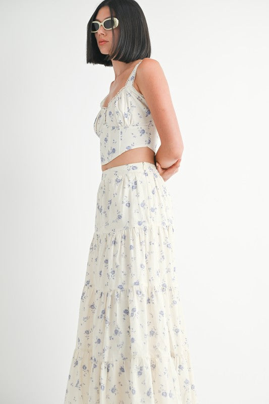 Emory Park Floral Squared Neck Top in cream with delicate blue floral print and adjustable straps