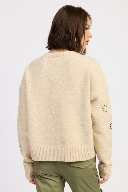 Emory Park Floral Whipstitch Sweater in Beige with Unique Stitch Details and Relaxed Fit