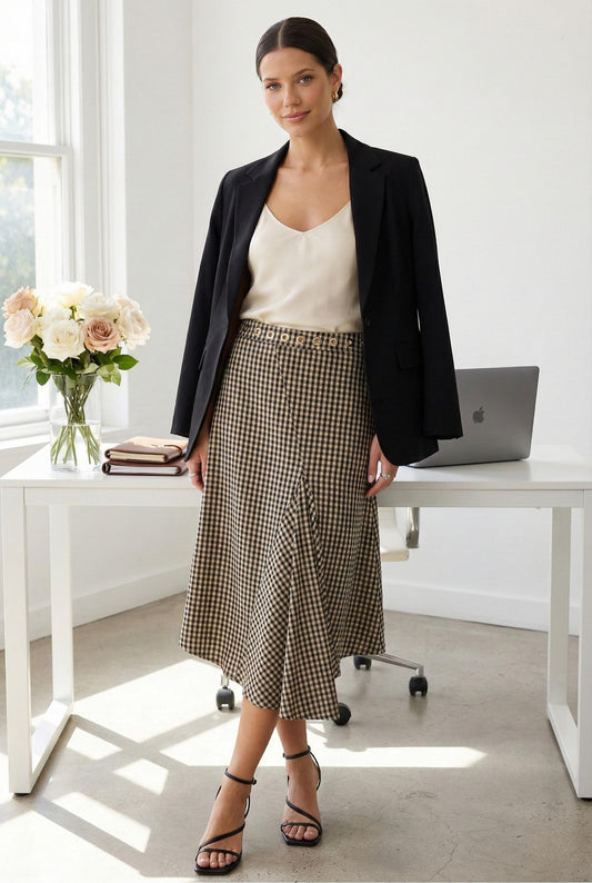 Model wearing Emory Park Gingham Grommet Asymmetrical Skirt in black with silk cami blazer and strappy heels standing in minimalist office