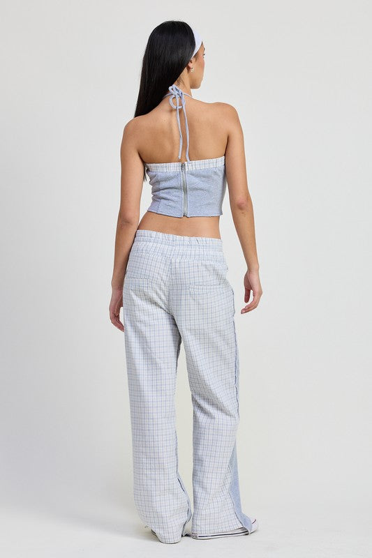 Emory Park halter neck cropped top in light blue with back zipper and tie detail