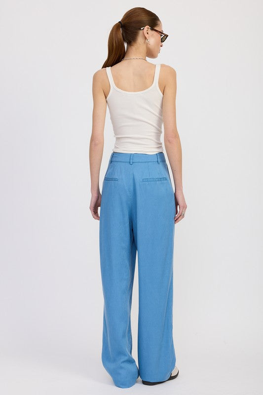 Emory Park High Waist Wide Leg Trousers With Front Pleats in light blue worn by model from the back