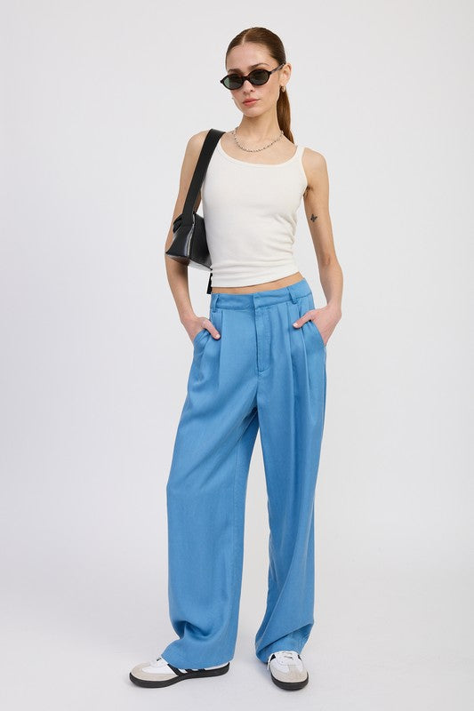 Emory Park high waist wide leg trousers with front pleats in blue worn with white tank and black bag