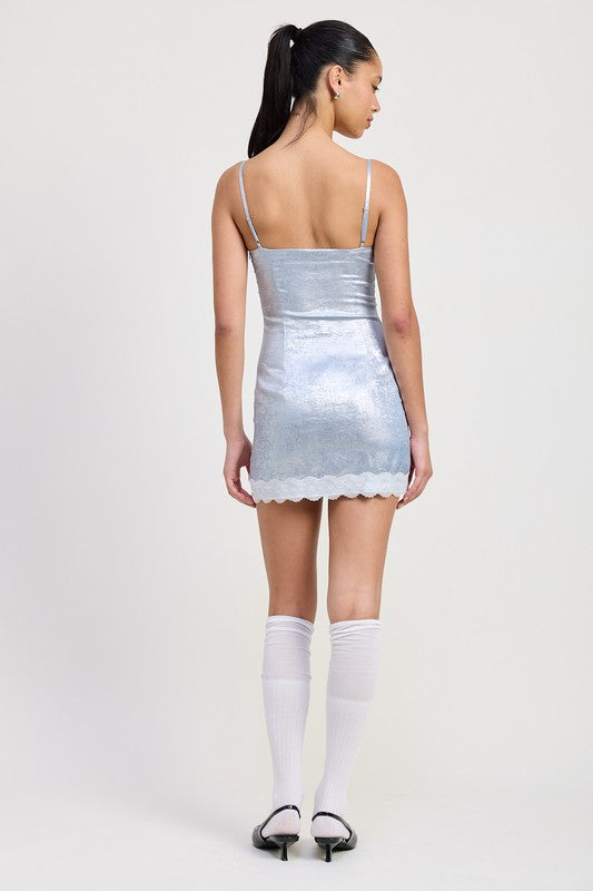 Emory Park Lace Hem Mini Dress in silver velvet with spaghetti straps and scalloped hem detail