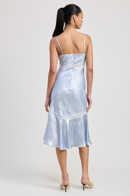 Emory Park lace trim midi slip dress in light blue satin fabric with adjustable straps and back view