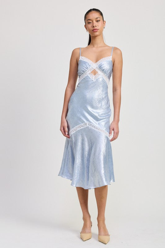 Emory Park Lace Trim Midi Slip Dress in light blue with delicate lace details and midi length