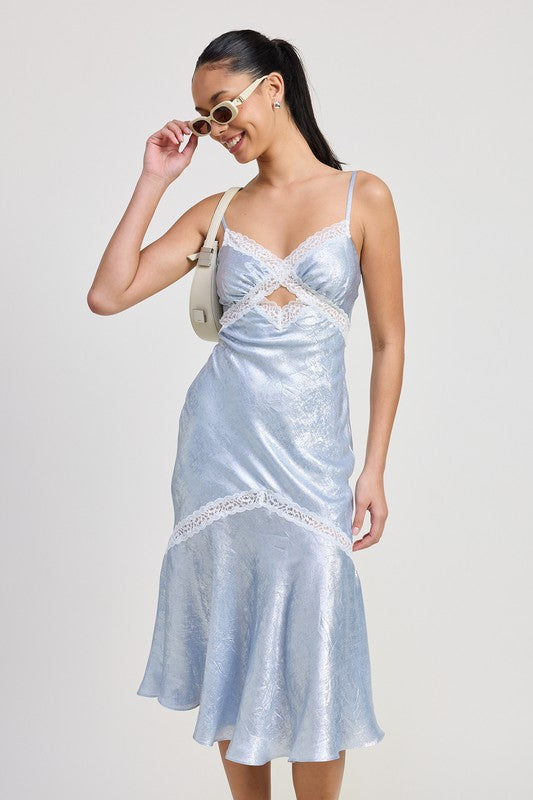 Emory Park Lace Trim Midi Slip Dress in light blue satin with white lace detailing