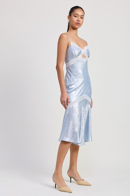 Emory Park Lace Trim Midi Slip Dress in light blue satin with delicate white lace accents