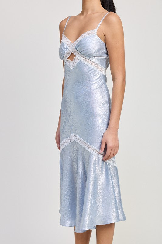 Emory Park Lace Trim Midi Slip Dress in light blue satin with delicate white lace detailing