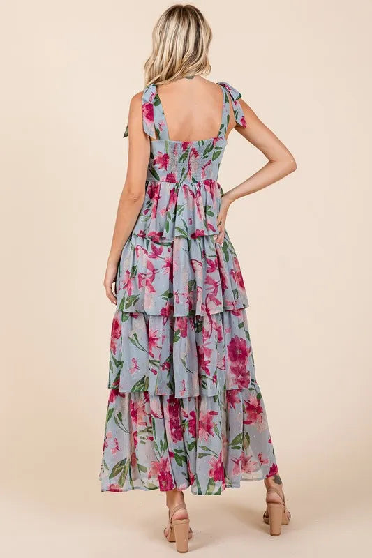 Layered Floral Maxi Dress with Ruffled Sleeves and Tiered Design in Blue and Pink Floral Print