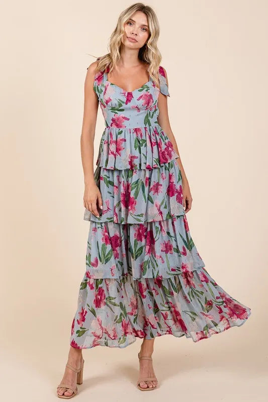 Layered Floral Maxi Dress in light blue with pink flowers and ruffled tiers for a stylish summer look