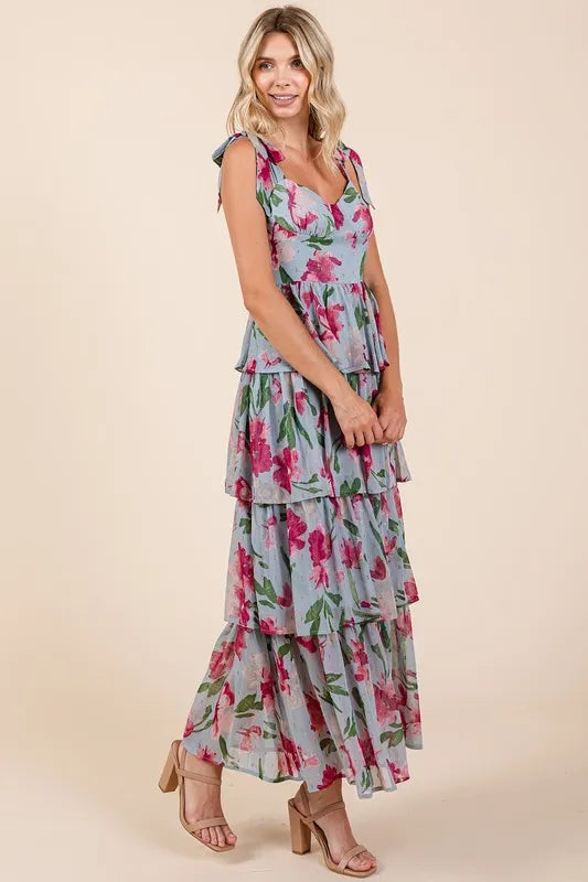 Layered Floral Maxi Dress in Light Blue with Ruffled Design and Floral Print Perfect for Summer Events