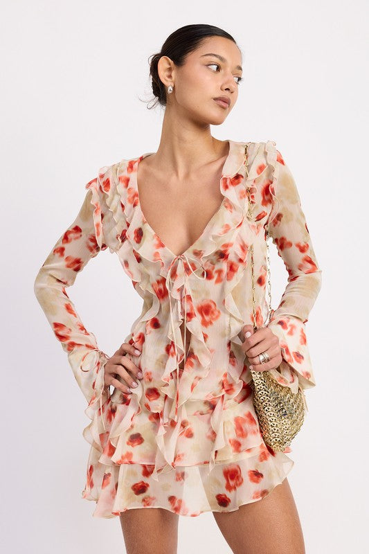 Emory Park Layered Ruffle Mini Skirt style floral beige and red ruffled dress with long sleeves and V neck