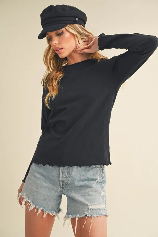 Lettuce Hem Long Sleeve Shirt in black paired with stylish denim shorts