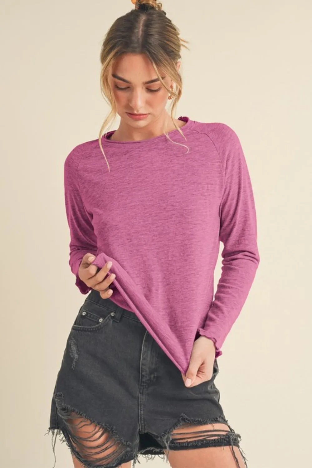 Lettuce Hem Long Sleeve Shirt in purple with lightweight fabric and relaxed fit